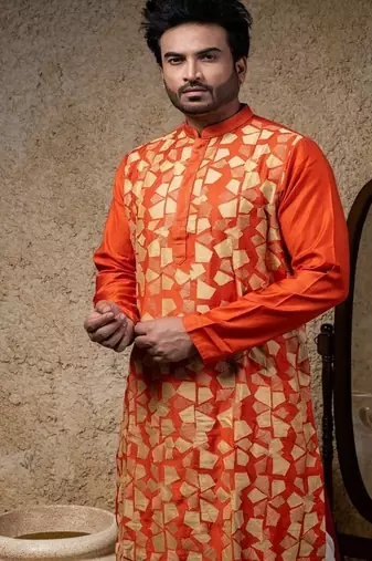 Orange printed cotton silk kurta pajama