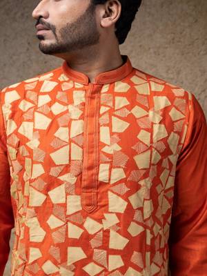Orange printed cotton silk kurta pajama 4