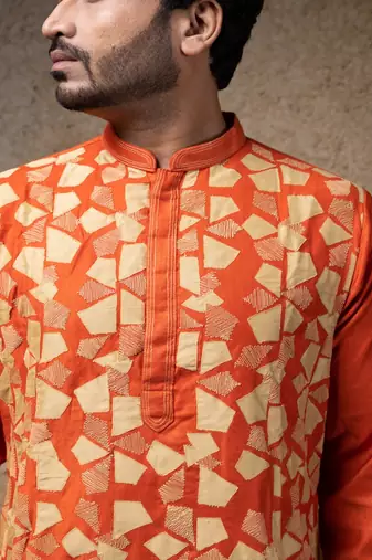 Orange printed cotton silk kurta pajama