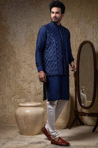 Blue embroidered cotton silk nehru jacket set