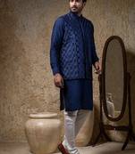 Blue embroidered cotton silk nehru jacket set