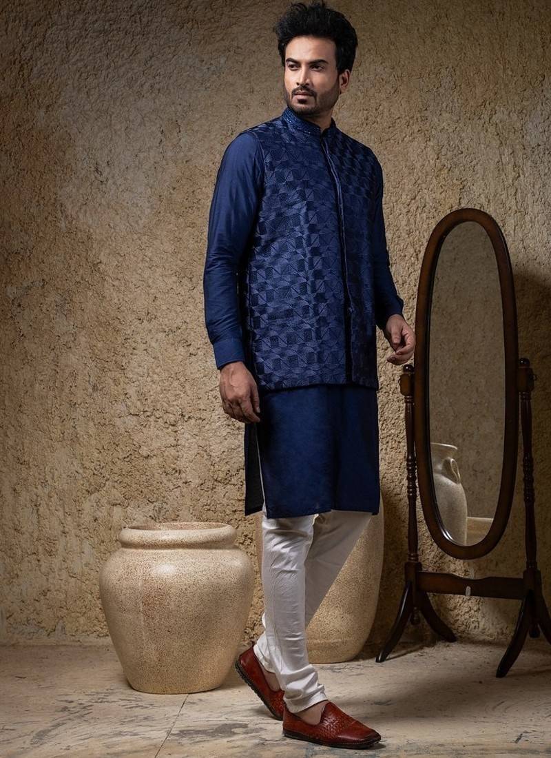 Blue embroidered cotton silk nehru jacket set