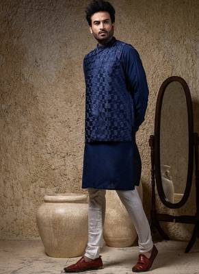 Blue embroidered cotton silk nehru jacket set 2