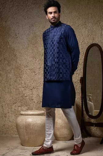 Blue embroidered cotton silk nehru jacket set