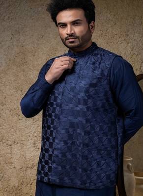 Blue embroidered cotton silk nehru jacket 2