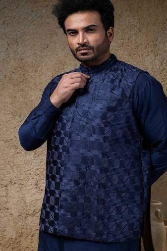 Blue embroidered cotton silk nehru jacket