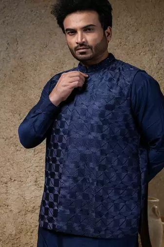 Blue embroidered cotton silk nehru jacket