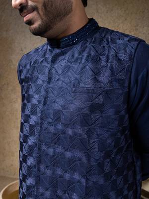 Blue embroidered cotton silk nehru jacket 3