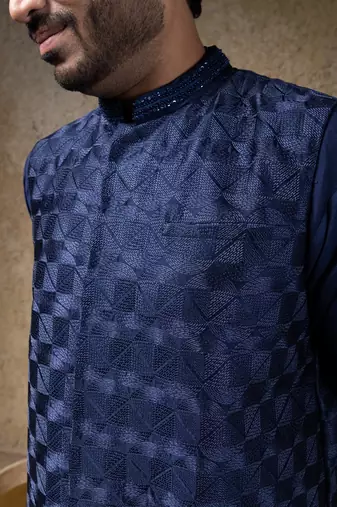 Blue embroidered cotton silk nehru jacket