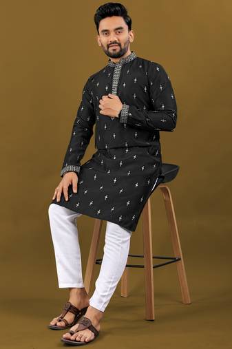 Silver jari with embroidery buti designer soft cotton kurta pyjama for men's