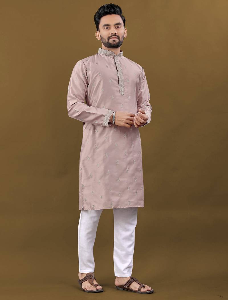 Silver jari with embroidery buti designer soft cotton kurta pyjama for men's