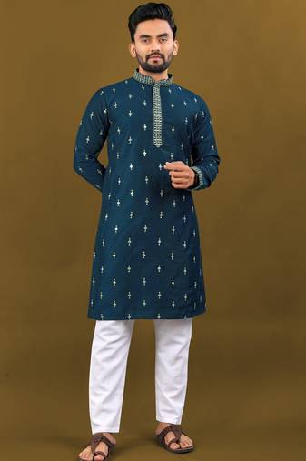 Silver jari with embroidery buti designer soft cotton kurta pyjama for men's
