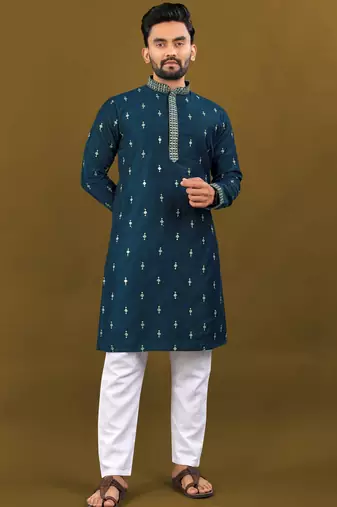 Silver jari with embroidery buti designer soft cotton kurta pyjama for men's