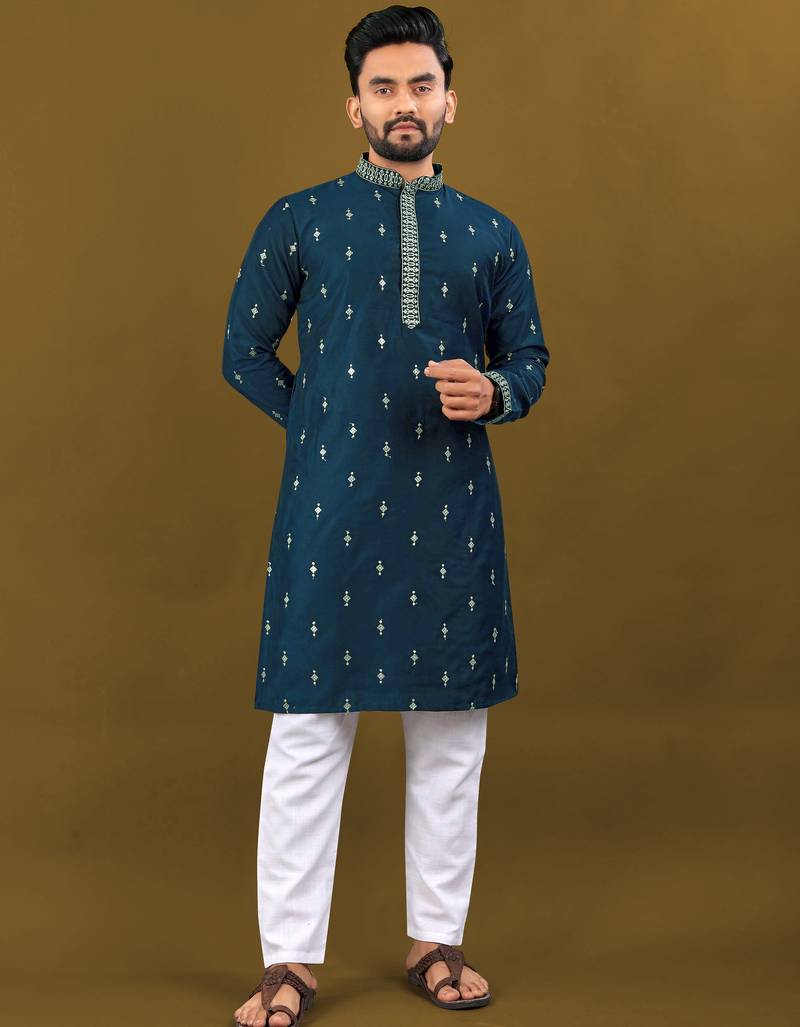 Silver jari with embroidery buti designer soft cotton kurta pyjama for men's