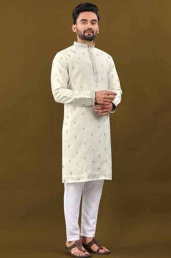 Silver jari with embroidery buti designer soft cotton kurta pyjama for men's