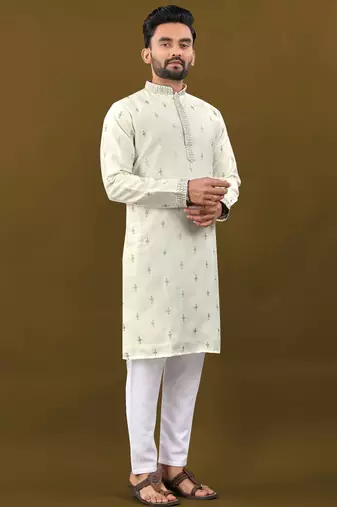Silver jari with embroidery buti designer soft cotton kurta pyjama for men's