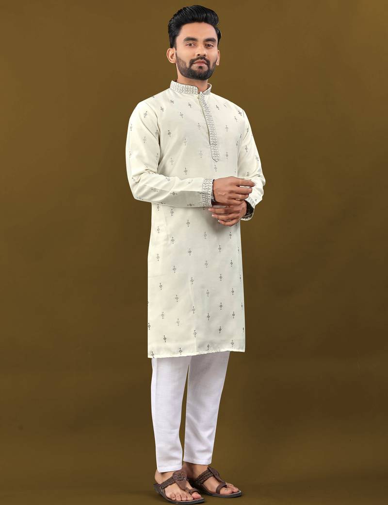 Silver jari with embroidery buti designer soft cotton kurta pyjama for men's