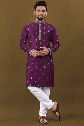 Silver jari with embroidery buti designer soft cotton kurta pyjama for men's