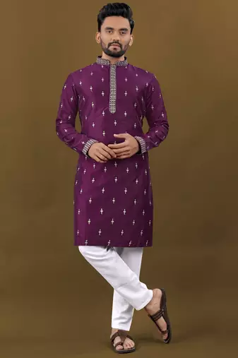 Silver jari with embroidery buti designer soft cotton kurta pyjama for men's