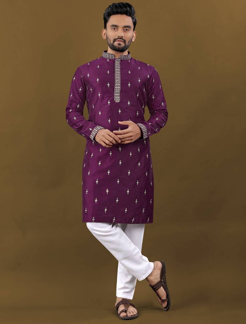 Silver jari with embroidery buti designer soft cotton kurta pyjama for men's