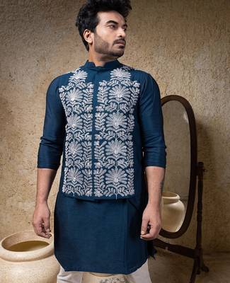 Blue embroidered cotton silk nehru jacket 2