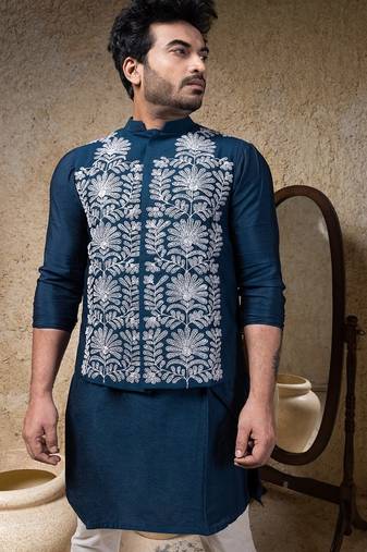 Blue embroidered cotton silk nehru jacket