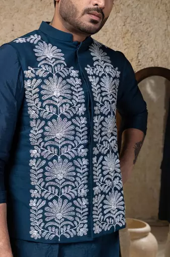 Blue embroidered cotton silk nehru jacket