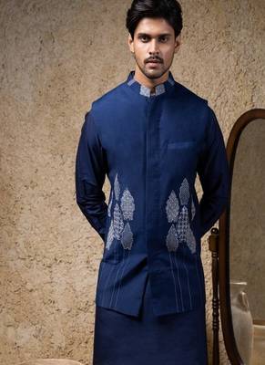 Blue embroidered cotton silk nehru jacket 2