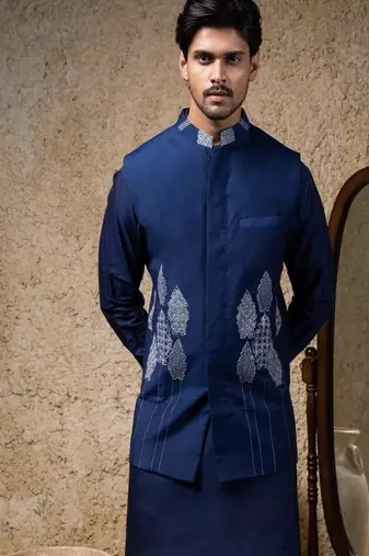 Blue embroidered cotton silk nehru jacket