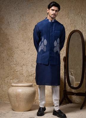 Blue embroidered cotton silk nehru jacket 1