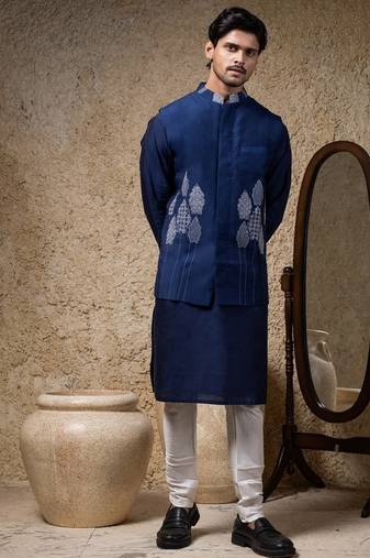 Blue embroidered cotton silk nehru jacket