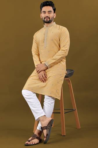 Silver jari with embroidery buti designer soft cotton kurta pyjama for men's