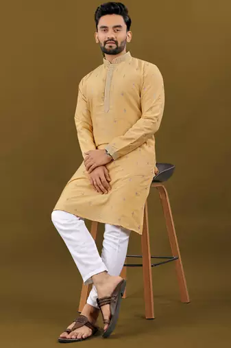 Silver jari with embroidery buti designer soft cotton kurta pyjama for men's