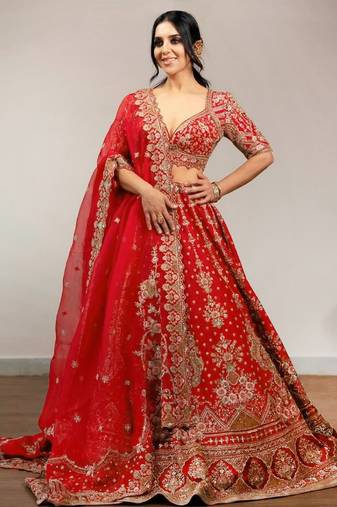 Satin Embroidery with Golden Sequin work Lehenga Choli with Dupatta - Bridal Lehenga Choli for Women