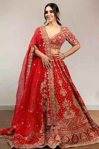 Satin Embroidery with Golden Sequin work Lehenga Choli with Dupatta - Bridal Lehenga Choli for Women