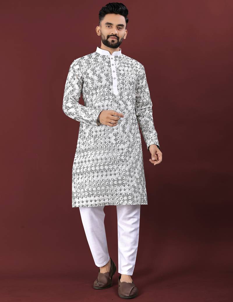 Traditional lucknowi concept embroidery work kurta pyjama for men's