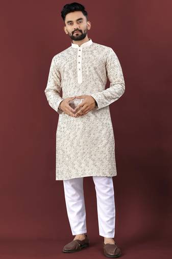 Traditional lucknowi concept embroidery work kurta pyjama for men's