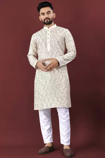 Traditional lucknowi concept embroidery work kurta pyjama for men's