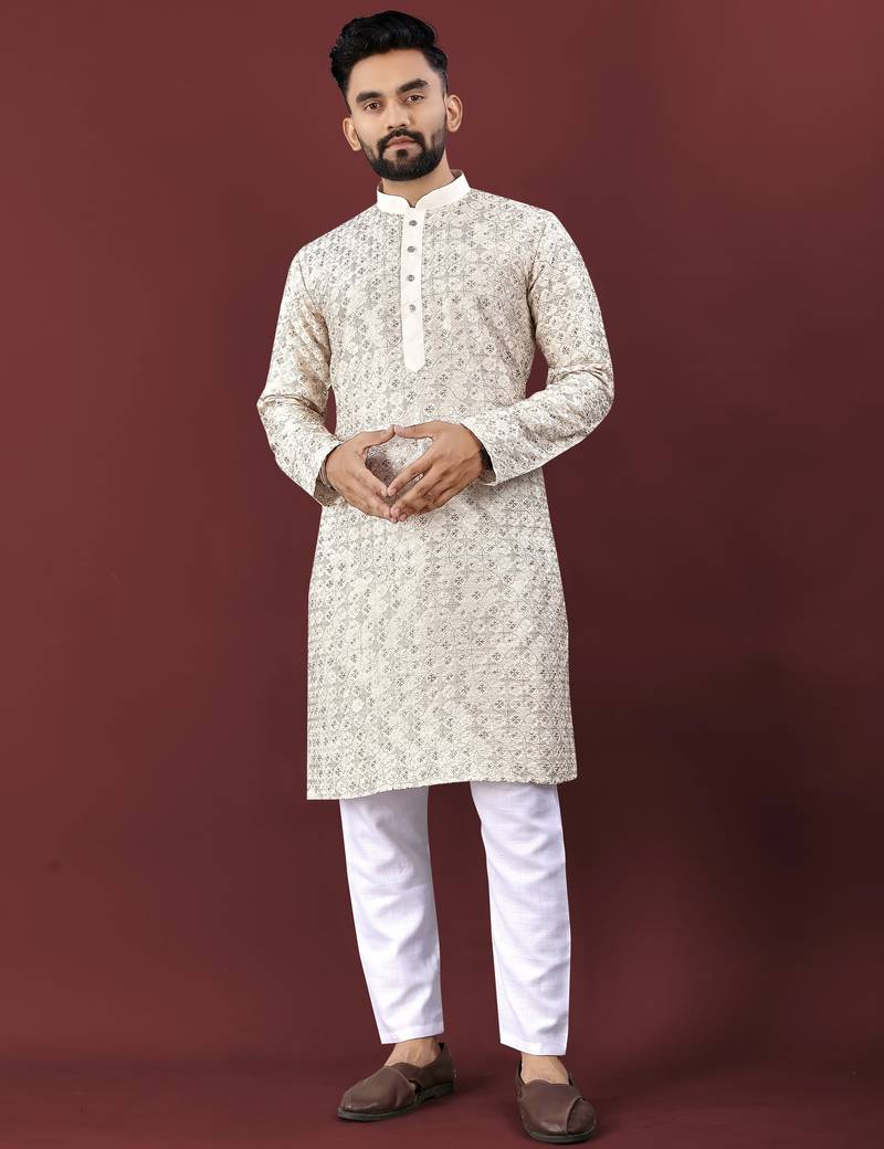 Traditional lucknowi concept embroidery work kurta pyjama for men's