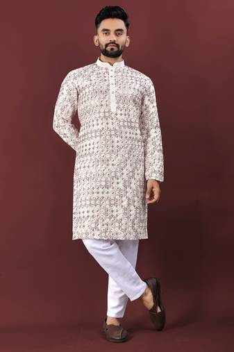 Traditional lucknowi concept embroidery work kurta pyjama for men's