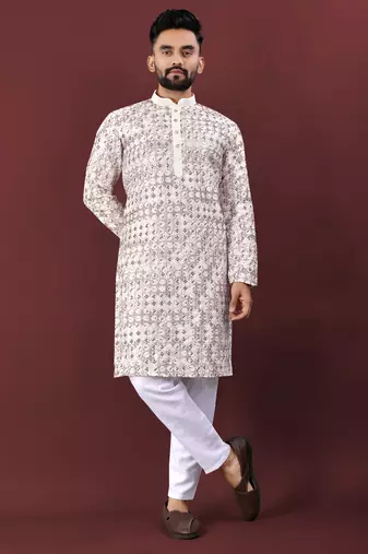 Traditional lucknowi concept embroidery work kurta pyjama for men's