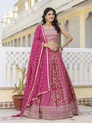 Trendmalls Art Silk Golden Sequin Embroidery work Lehenga Choli with Dupatta SemiStitch 1