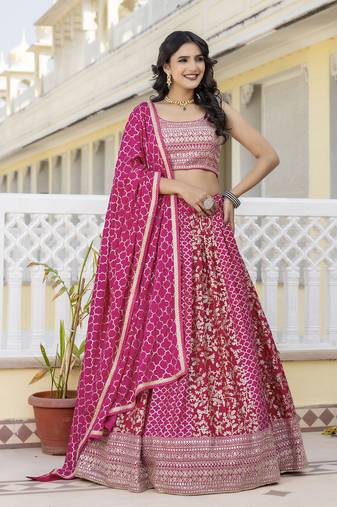 Trendmalls Art Silk Golden Sequin Embroidery work Lehenga Choli with Dupatta SemiStitch