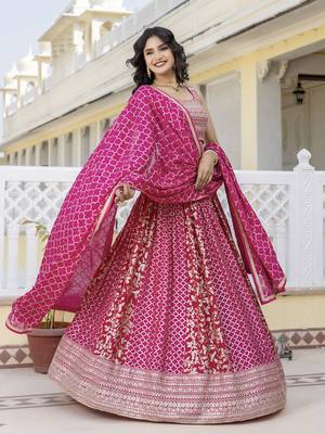 Trendmalls Art Silk Golden Sequin Embroidery work Lehenga Choli with Dupatta SemiStitch 3