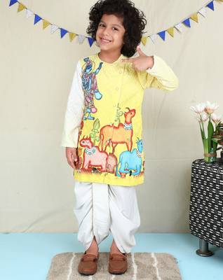 Yellow cotton woven dhoti kurta for boys 1