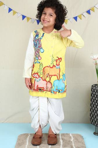 Yellow cotton woven dhoti kurta for boys