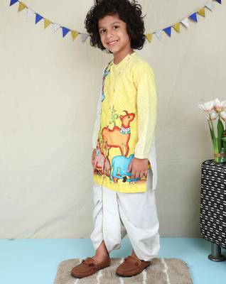 Yellow cotton woven dhoti kurta for boys 3