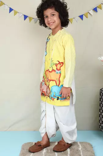 Yellow cotton woven dhoti kurta for boys