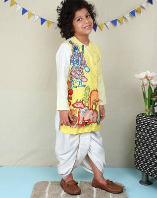Yellow cotton woven dhoti kurta for boys 4