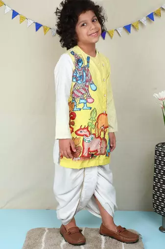 Yellow cotton woven dhoti kurta for boys